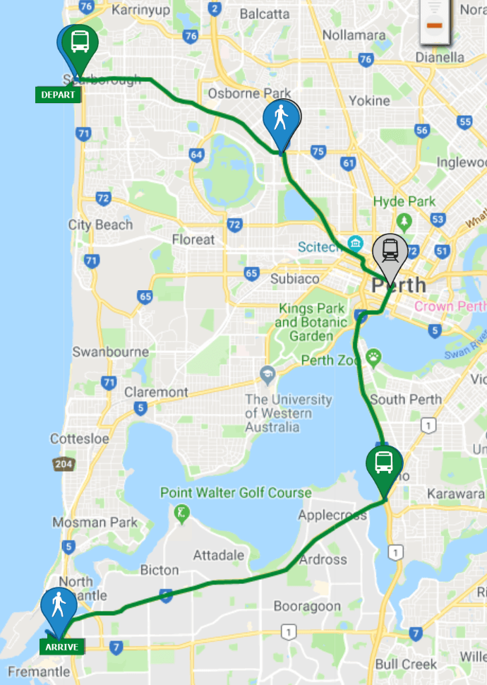 Scarborough to Perth and Fremantle bus route map